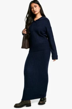 Knitted Co-Ords|Bottoms*boohoo Soft Knit Thick Rib Collar Detail Jumper And Maxi Skirt Set navy