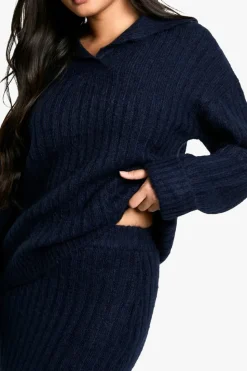 Knitted Co-Ords|Bottoms*boohoo Soft Knit Thick Rib Collar Detail Jumper And Maxi Skirt Set navy