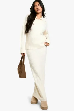 Knitted Co-Ords|Bottoms*boohoo Soft Knit Thick Rib Collar Detail Jumper And Maxi Skirt Set ecru