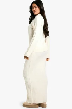 Knitted Co-Ords|Bottoms*boohoo Soft Knit Thick Rib Collar Detail Jumper And Maxi Skirt Set ecru