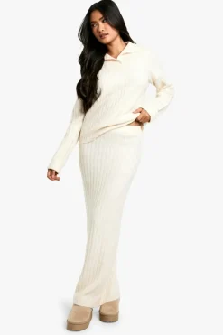 Knitted Co-Ords|Bottoms*boohoo Soft Knit Thick Rib Collar Detail Jumper And Maxi Skirt Set ecru
