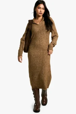 Jumper Dresses|Jumper Dresses*boohoo Soft Knit Thick Rib Collar Detail Midaxi Dress camel