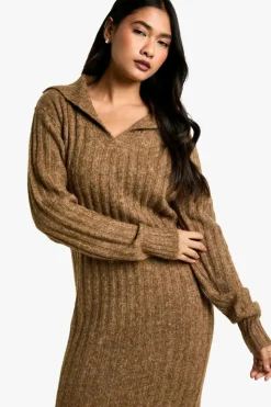 Jumper Dresses|Jumper Dresses*boohoo Soft Knit Thick Rib Collar Detail Midaxi Dress camel