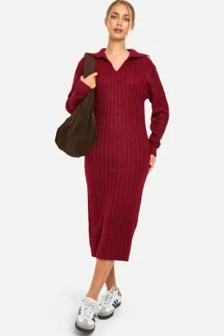 Jumper Dresses|Jumper Dresses*boohoo Soft Knit Thick Rib Collar Detail Midaxi Dress berry
