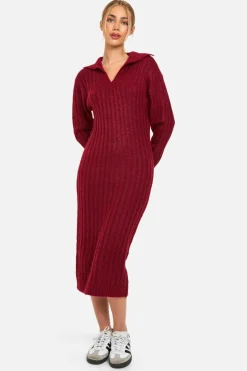 Jumper Dresses|Jumper Dresses*boohoo Soft Knit Thick Rib Collar Detail Midaxi Dress berry