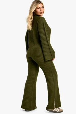 Knitted Co-Ords|Co-Ord Sets*boohoo Soft Knit Thick Rib Crew Neck Oversized Jumper And Knitted Trouser Set khaki