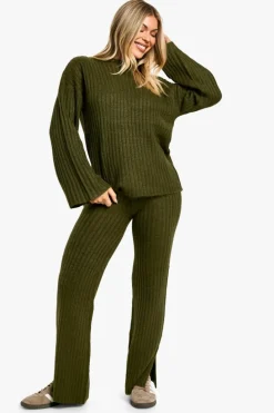 Knitted Co-Ords|Co-Ord Sets*boohoo Soft Knit Thick Rib Crew Neck Oversized Jumper And Knitted Trouser Set khaki