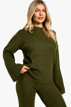 Knitted Co-Ords|Co-Ord Sets*boohoo Soft Knit Thick Rib Crew Neck Oversized Jumper And Knitted Trouser Set khaki