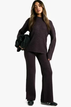 Knitted Co-Ords|Co-Ord Sets*boohoo Soft Knit Thick Rib Crew Neck Oversized Jumper And Knitted Trouser Set purple