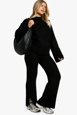 Knitted Co-Ords|Knitwear*boohoo Soft Knit Thick Rib Crew Neck Oversized Jumper And Knitted Trouser Set black