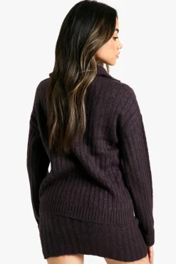 Knitted Co-Ords*boohoo Soft Knit Thick Rib Zip Neck Oversized Jumper And Mini Skirt Set purple