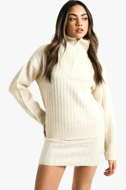 Knitted Co-Ords*boohoo Soft Knit Thick Rib Zip Neck Oversized Jumper And Mini Skirt Set ecru