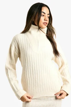 Knitted Co-Ords*boohoo Soft Knit Thick Rib Zip Neck Oversized Jumper And Mini Skirt Set ecru