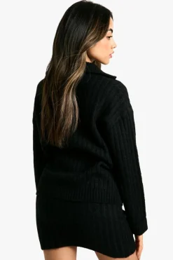 Knitted Co-Ords|Bottoms*boohoo Soft Knit Thick Rib Zip Neck Oversized Jumper And Mini Skirt Set black