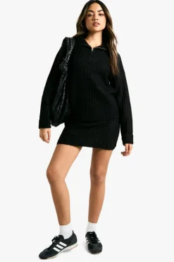Knitted Co-Ords|Bottoms*boohoo Soft Knit Thick Rib Zip Neck Oversized Jumper And Mini Skirt Set black