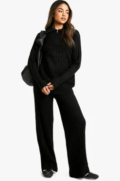 Knitted Co-Ords*boohoo Soft Knit Thick Rib Zip Neck Oversized Jumper And Wide Leg Trouser Set black