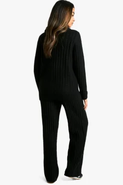Knitted Co-Ords*boohoo Soft Knit Thick Rib Zip Neck Oversized Jumper And Wide Leg Trouser Set black