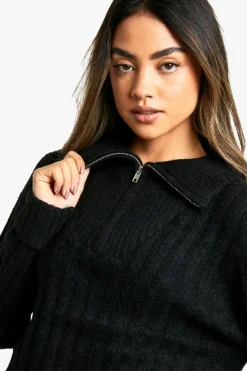 Knitted Co-Ords*boohoo Soft Knit Thick Rib Zip Neck Oversized Jumper And Wide Leg Trouser Set black
