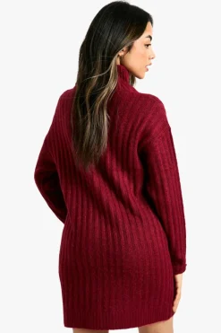 Jumper Dresses|Jumper Dresses*boohoo Soft Knit Thick Rib Zip Neck Oversize Mini Dress berry