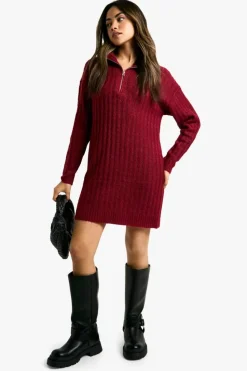 Jumper Dresses|Jumper Dresses*boohoo Soft Knit Thick Rib Zip Neck Oversize Mini Dress berry