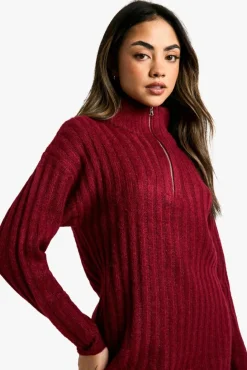 Jumper Dresses|Jumper Dresses*boohoo Soft Knit Thick Rib Zip Neck Oversize Mini Dress berry