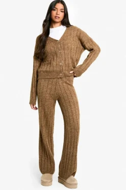 Knitted Co-Ords|Up To 80% Off Winter Warmers*boohoo Soft Knit Thick Ribbed Cardigan And Wide Leg Trouser Set camel
