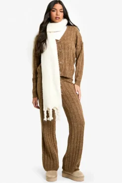 Knitted Co-Ords|Up To 80% Off Winter Warmers*boohoo Soft Knit Thick Ribbed Cardigan And Wide Leg Trouser Set camel