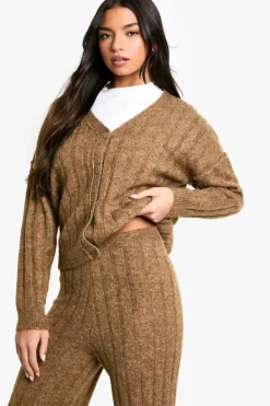Knitted Co-Ords|Up To 80% Off Winter Warmers*boohoo Soft Knit Thick Ribbed Cardigan And Wide Leg Trouser Set camel