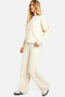 Knitted Co-Ords*boohoo Soft Knit Thick Ribbed Cardigan And Wide Leg Trouser Set ecru