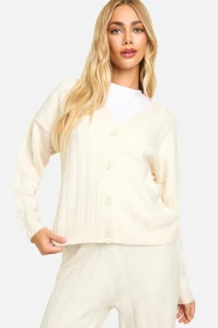 Knitted Co-Ords*boohoo Soft Knit Thick Ribbed Cardigan And Wide Leg Trouser Set ecru