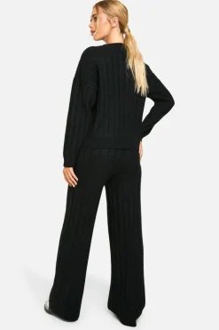 Knitted Co-Ords|Up To 80% Off Winter Warmers*boohoo Soft Knit Thick Ribbed Cardigan And Wide Leg Trouser Set black