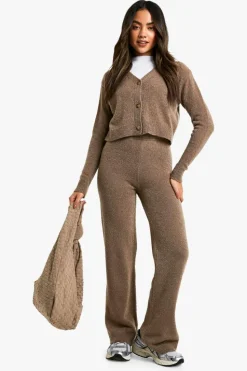 Knitted Co-Ords|Knitwear*boohoo Soft Knit V Neck Cardigan and Wide Leg Knitted Co-Ord taupe