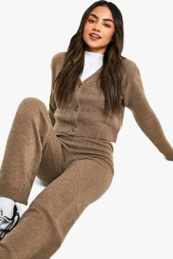 Knitted Co-Ords|Knitwear*boohoo Soft Knit V Neck Cardigan and Wide Leg Knitted Co-Ord taupe