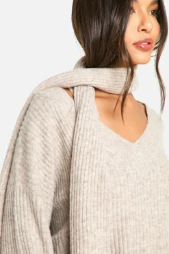 Oversized Jumpers|Jumpers*boohoo Soft Knit V Neck Oversized Jumper And Scarf stone