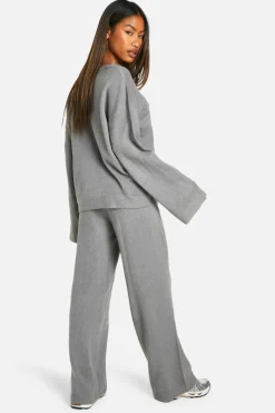 Knitted Co-Ords*boohoo Soft Knit V Neck Wide Leg Knitted Co-ord charcoal