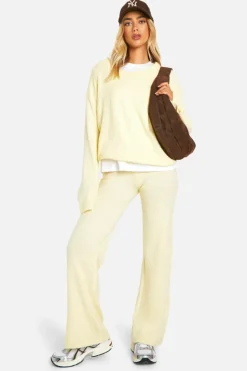Knitted Co-Ords|Co-Ord Sets*boohoo Soft Knit V Neck Wide Leg Knitted Co-ord butter