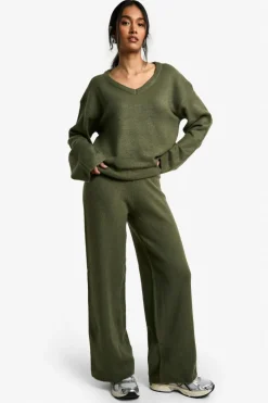 Knitted Co-Ords|Knitwear*boohoo Soft Knit V Neck Wide Leg Knitted Co-ord khaki