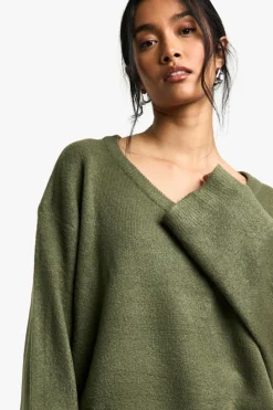 Knitted Co-Ords|Knitwear*boohoo Soft Knit V Neck Wide Leg Knitted Co-ord khaki