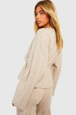 Cardigans|Jumpers & Cardigans*boohoo Soft Mixed Rib Knit Belted Crop Cardigan taupe