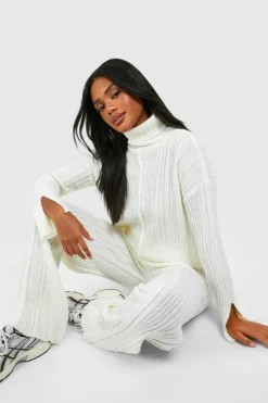 Knitted Co-Ords|Up To 80% Off Winter Warmers*boohoo Soft Mixed Rib Knit Wide Leg Trousers ecru