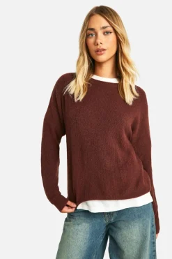 Jumpers|Jumpers & Cardigans*boohoo Soft Rib Knit Crew Neck Jumper chocolate