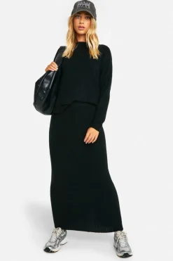 Knitted Co-Ords|Bottoms*boohoo Soft Rib Knit Crew Neck Jumper And Maxi Skirt Co-ord black