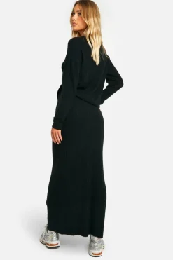 Knitted Co-Ords|Bottoms*boohoo Soft Rib Knit Crew Neck Jumper And Maxi Skirt Co-ord black
