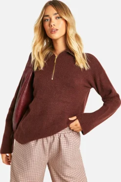 Jumpers|Knitwear*boohoo Soft Rib Knit Half Zip Collar Jumper chocolate