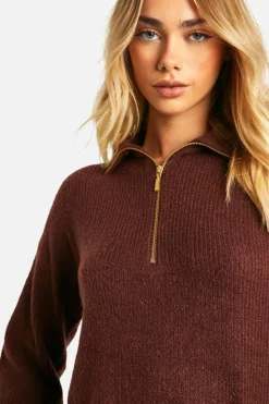 Jumpers|Knitwear*boohoo Soft Rib Knit Half Zip Collar Jumper chocolate