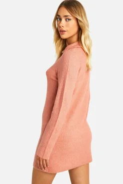 Jumper Dresses|Jumper Dresses*boohoo Soft Rib Knit Half Zip Collar Jumper Dress coral