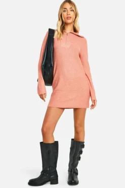 Jumper Dresses|Jumper Dresses*boohoo Soft Rib Knit Half Zip Collar Jumper Dress coral