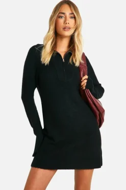Jumper Dresses|Jumper Dresses*boohoo Soft Rib Knit Half Zip Collar Jumper Dress black
