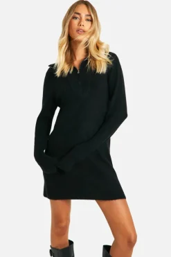 Jumper Dresses|Jumper Dresses*boohoo Soft Rib Knit Half Zip Collar Jumper Dress black