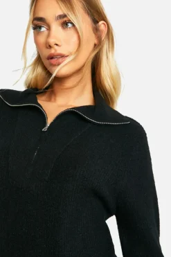 Jumper Dresses|Jumper Dresses*boohoo Soft Rib Knit Half Zip Collar Jumper Dress black